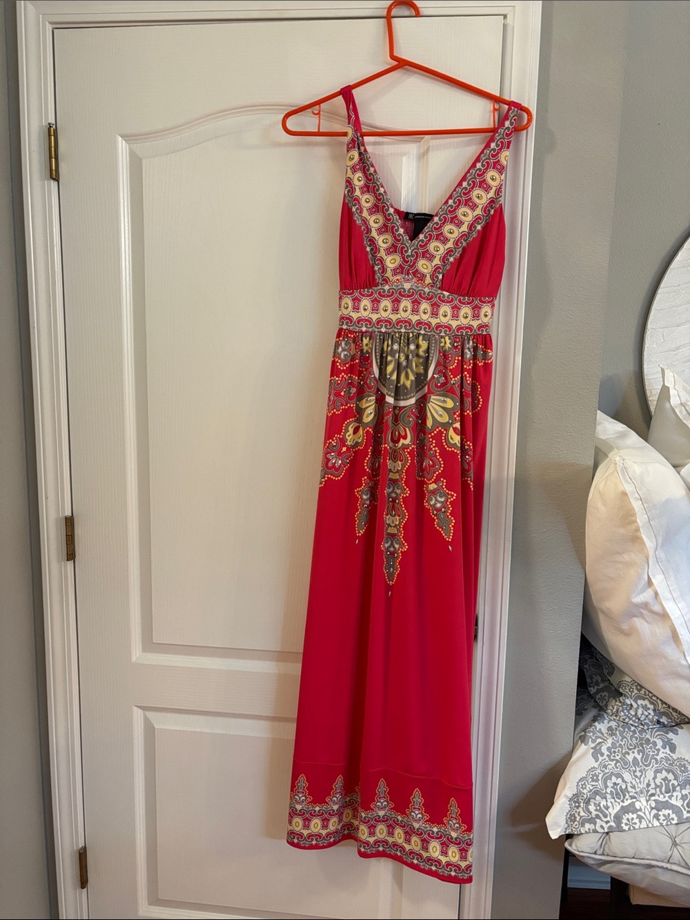 INC International Concepts Pink-Red Embellished V-Neck Maxi Dress